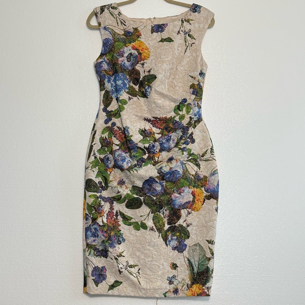 Adrianna Papell Floral Jacquard Sheath Dress |Sleeveless Ruched Cocktail Sz 8